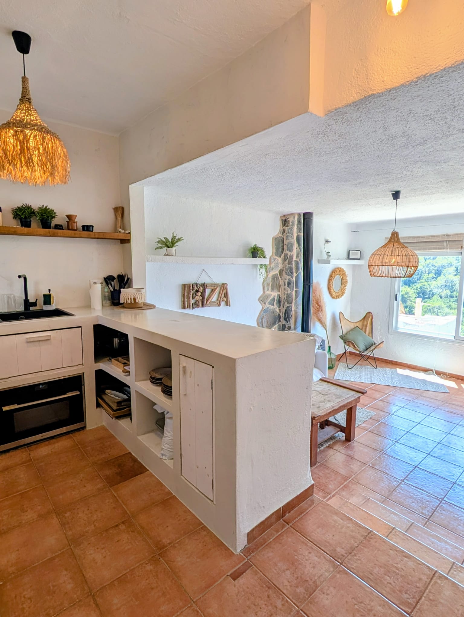 Boho Chic Sea View Apartment with Private Rooftop in Cala Vadella for Summer Rent
