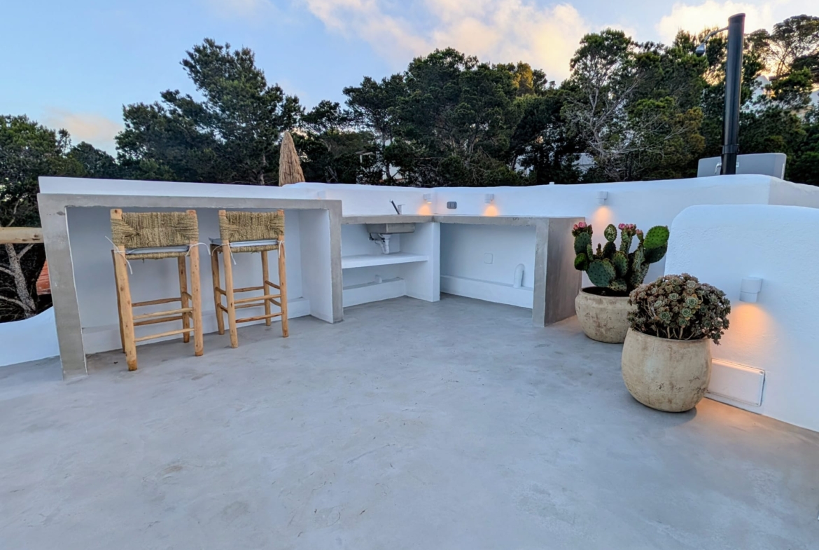 Boho Chic Sea View Apartment with Private Rooftop in Cala Vadella for Summer Rent