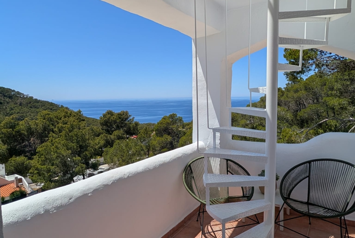 Boho Chic Sea View Apartment with Private Rooftop in Cala Vadella for Summer Rent